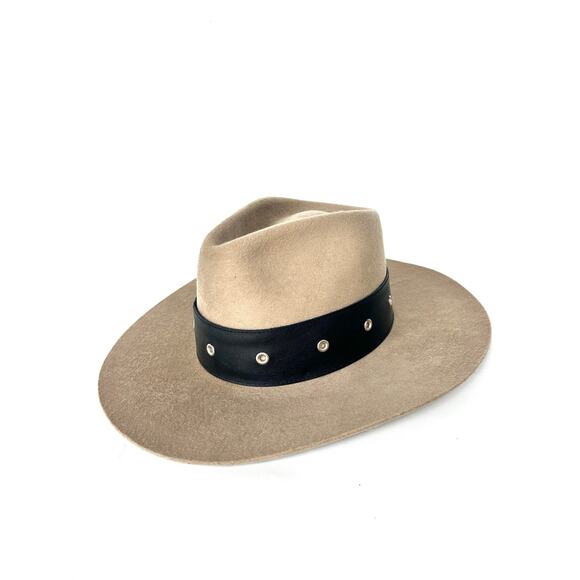 Janessa Leone Bennett Wool Hat Structured Fedora Studded Brown Large Wide Brim